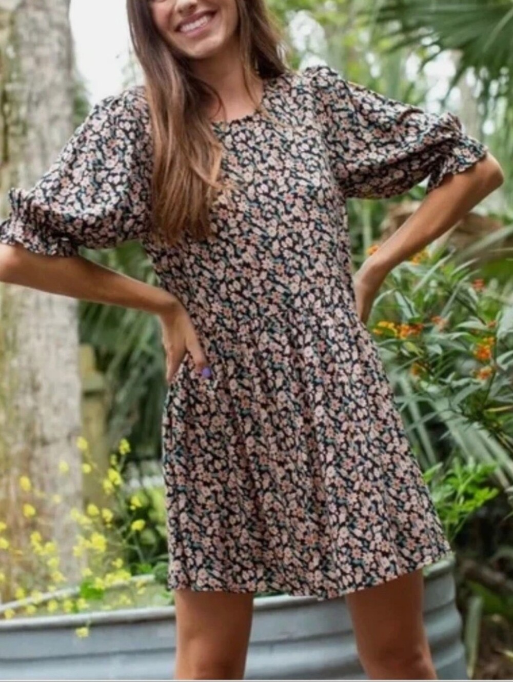 Natural Life Blair Floral Mini Dress Autumn Blossom Short Sleeve Size XL